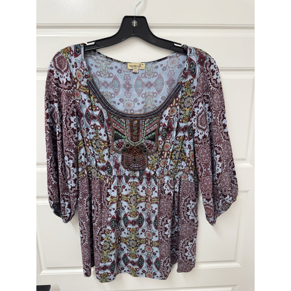 One World Live And Let Live Women Medium Boho Beaded Blouse Multicolor Rayon